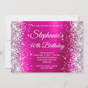 Silver Glitter Hot Pink Pretty 40th Birthday Invitation