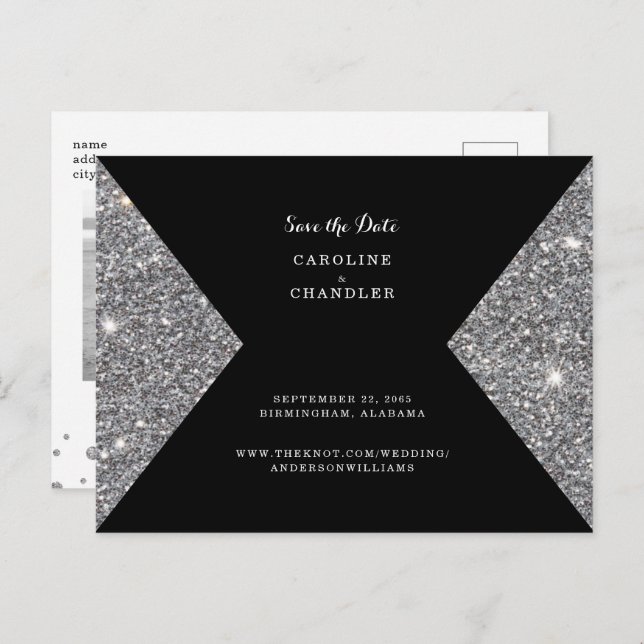 Silver Glitter Image & Black Photo Save The Date A Announcement Postcard (Front/Back)