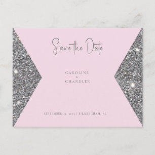 Silver Glitter Image Pink Wedding Save the Date Postcard