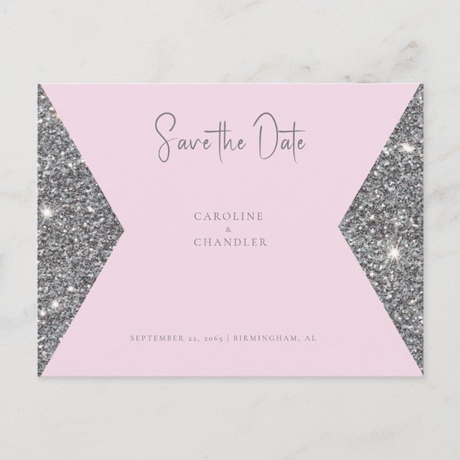 Silver Glitter Image Pink Wedding Save the Date Postcard (Front)