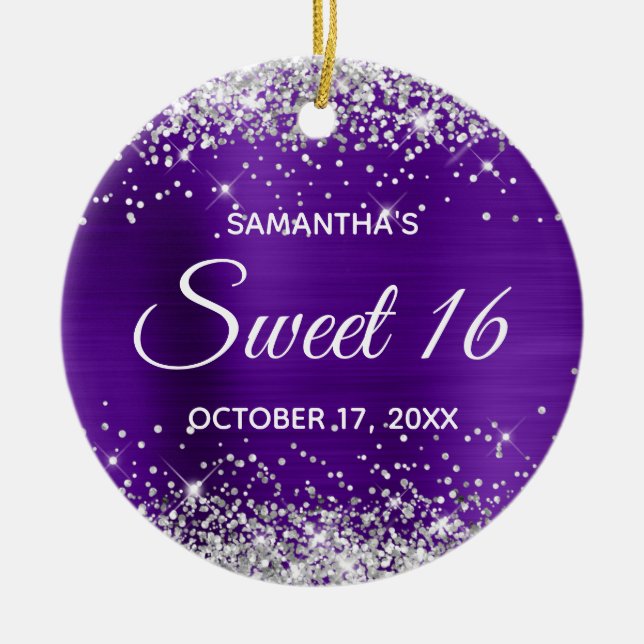 Silver Glitter Indigo Foil Sweet 16 Birthday Ceramic Ornament (Front)