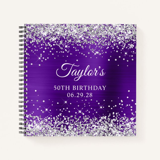 Silver Glitter Indigo Purple 50th Birthday Guest Notebook (Front)