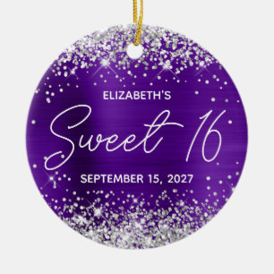 Silver Glitter Indigo Purple Fancy Sweet 16 Photo Ceramic Ornament