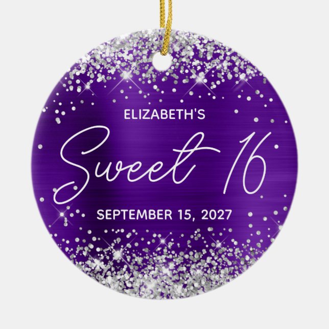 Silver Glitter Indigo Purple Fancy Sweet 16 Photo Ceramic Ornament (Front)