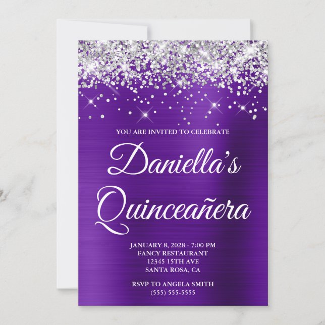 Silver Glitter Indigo Purple Foil Quinceañera Invitation (Front)
