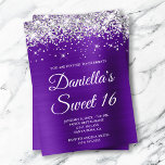 Silver Glitter Indigo Purple Foil Sweet 16 Invitation<br><div class="desc">Create your own stylish 16th birthday celebration invitation for your daughter. Decorative faux sparkly silver glitter graphics form a top border. The background digital art features a shiny bright indigo purple ombre style brushed metal foil. Customise the invitation white text colour or font styles. The "Sweet 16" text is also...</div>