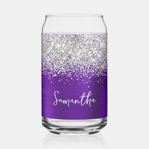 Silver Glitter Indigo Purple Glam Name Can Glass