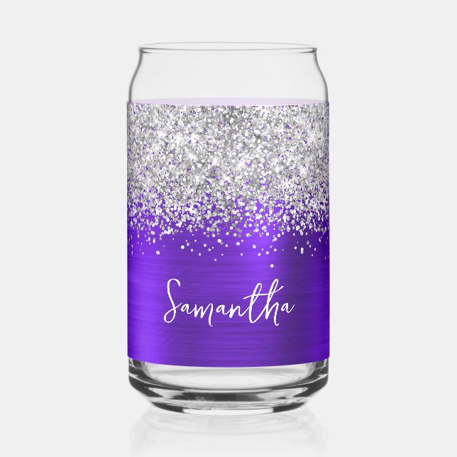Silver Glitter Indigo Violet Glam Name Can Glass (Front)