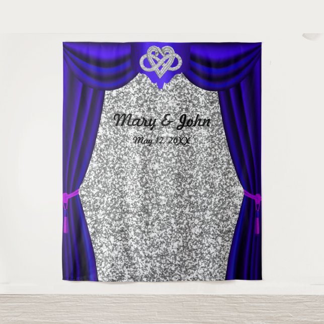 Silver Glitter Infinity Heart Blue Curtain Tapestry (Front)