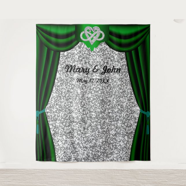 Silver Glitter Infinity Heart Green Curtain Tapestry (Front)