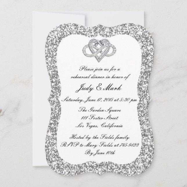 Silver Glitter Infinity Heart Rehearsal Dinner Invitation (Front)