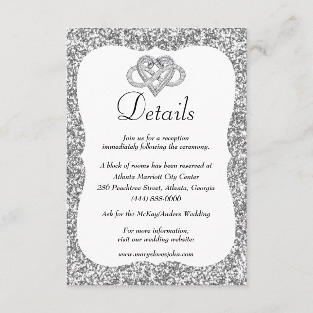 Silver Glitter Infinity Heart Wedding Details Enclosure Card (Front)
