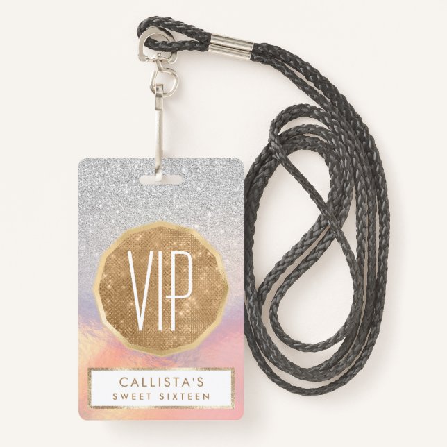 Silver Glitter Iridescent Holographic Gradient ID Badge (Front with Lanyard)
