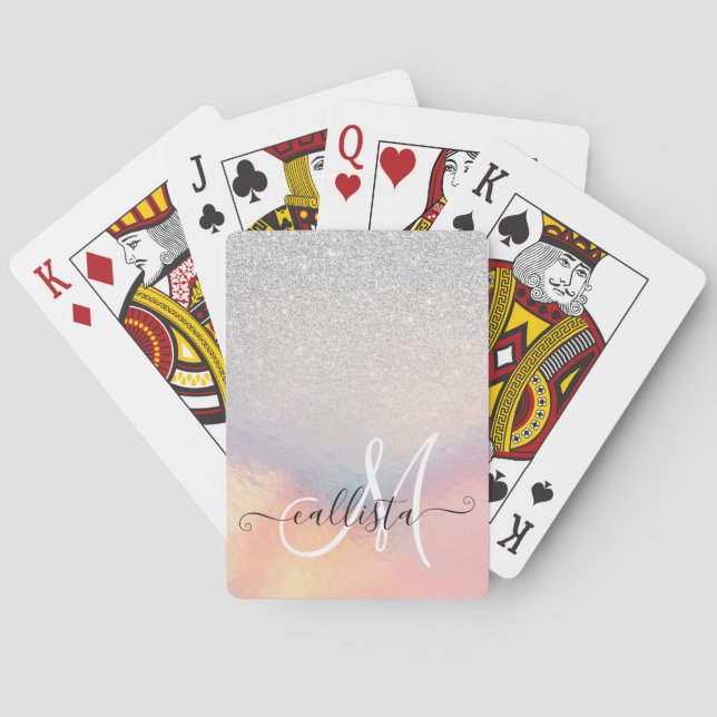Silver Glitter Iridescent Holographic Gradient Playing Cards (Back)