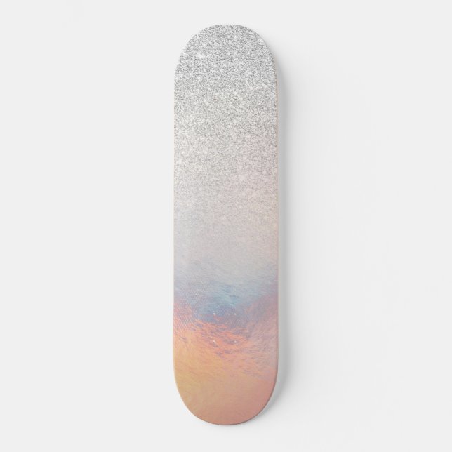 Silver Glitter Iridescent Holographic Gradient Skateboard (Front)