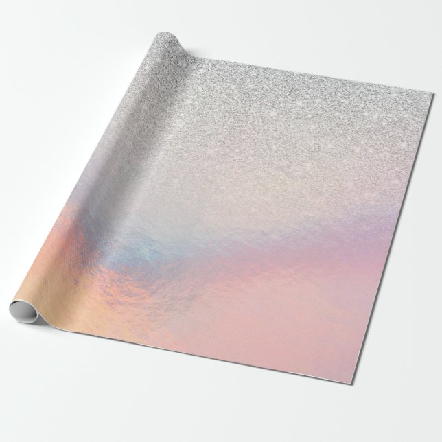 Silver Glitter Iridescent Holographic Gradient Wrapping Paper (Unrolled)