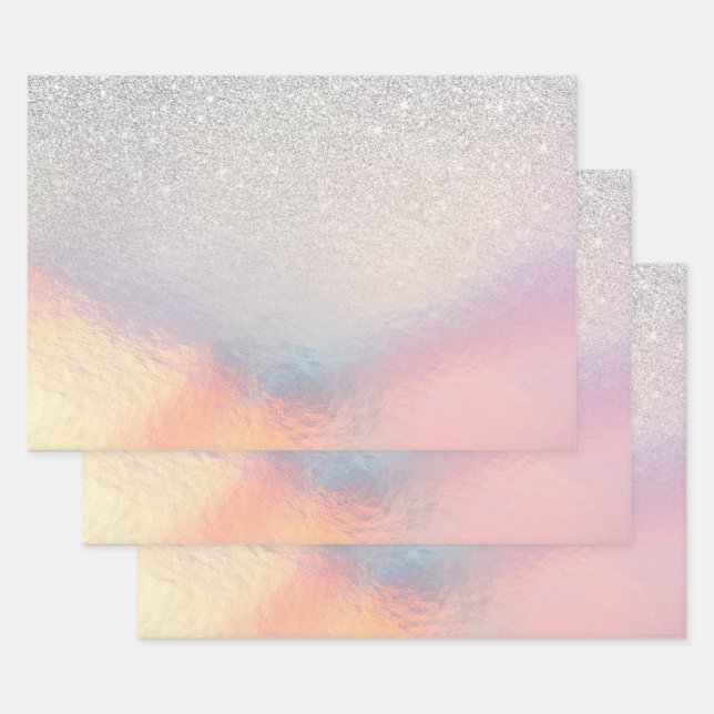 Silver Glitter Iridescent Holographic Gradient Wrapping Paper Sheet (Set)