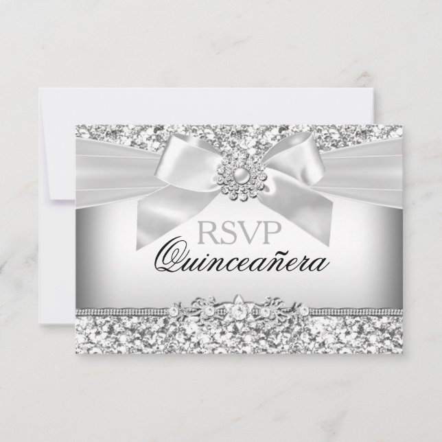 Silver Glitter & Jewel Bow Quinceanera RSVP (Front)