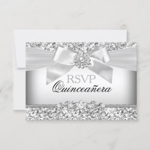 Silver Glitter & Jewel Bow Quinceanera RSVP Card