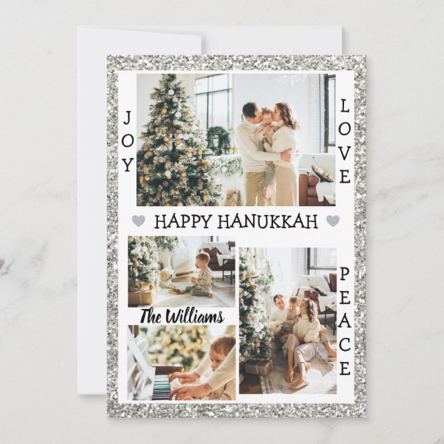 Silver Glitter Joy Love Peace happy Hanukkah Photo Holiday Card (Front)