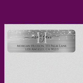 Silver Glitter & Large Monogram, Black Script Name Return Address Label