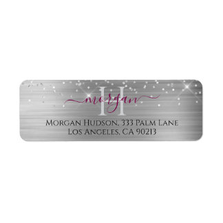 Silver Glitter & Large Monogram, Maroon Name Return Address Label
