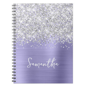 Silver Glitter Lavender Blue Glam Script Name Notebook