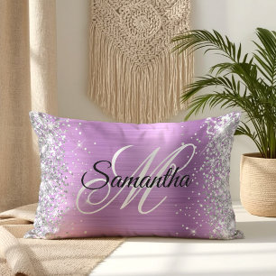 Silver Glitter Lavender Foil Fancy Monogram Lumbar Cushion