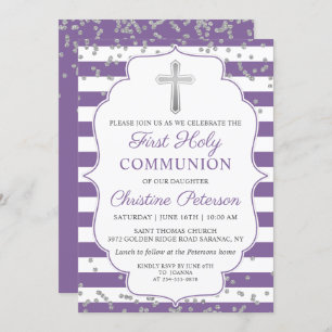 Silver Glitter Lavender Purple First Communion Invitation