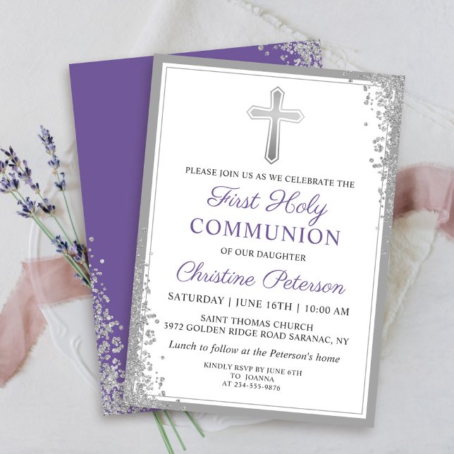 Silver Glitter Lavender Purple First Communion Invitation (Creator Uploaded)
