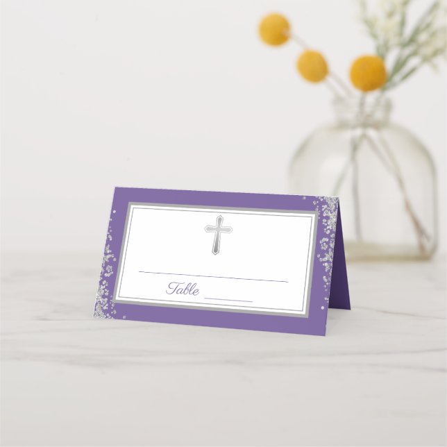 Silver Glitter Lavender Purple First Communion Place Card (Front)