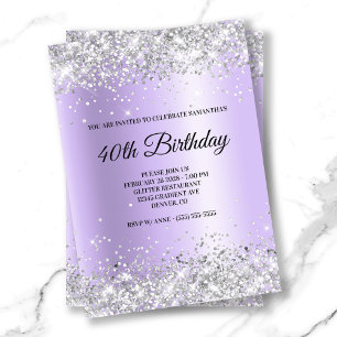 Silver Glitter Lavender Satin Foil 40th Birthday Invitation