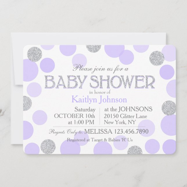 Silver Glitter Lavender Scattered Dots Baby Shower Invitation (Front)