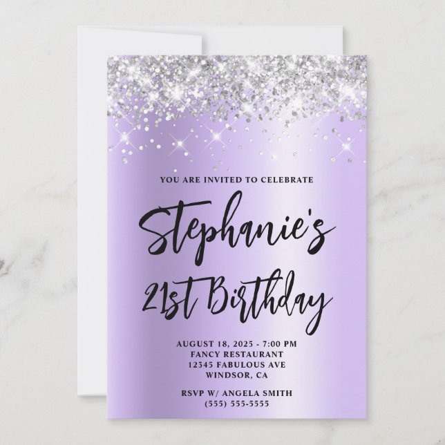 Silver Glitter Lavender Shimmer Bold 21st Birthday Invitation (Front)
