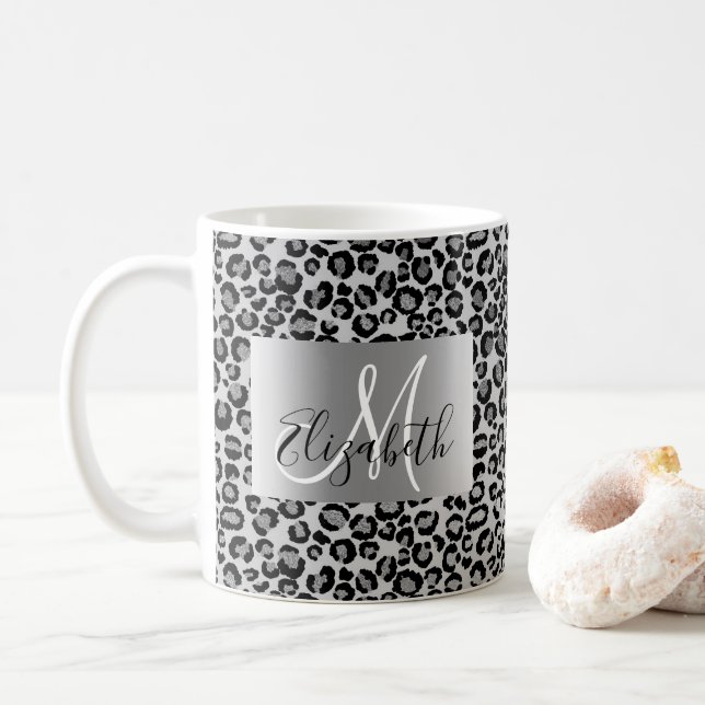 SIlver Glitter Leopard Monogram Fun Coffee Mug (With Donut)
