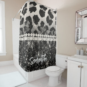 Silver Glitter Leopard Print Shower Curtain