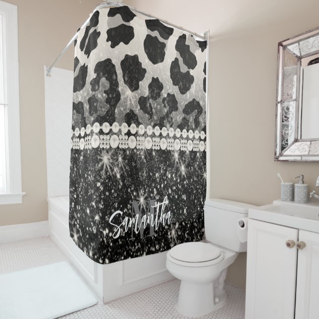 Silver Glitter Leopard Print Shower Curtain (In Situ)