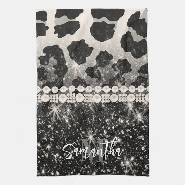 Silver Glitter Leopard Print Tea Towel (Vertical)