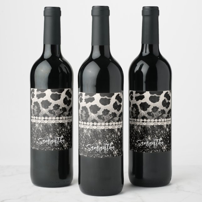 Silver Glitter Leopard Print Wine Label (Bottles)