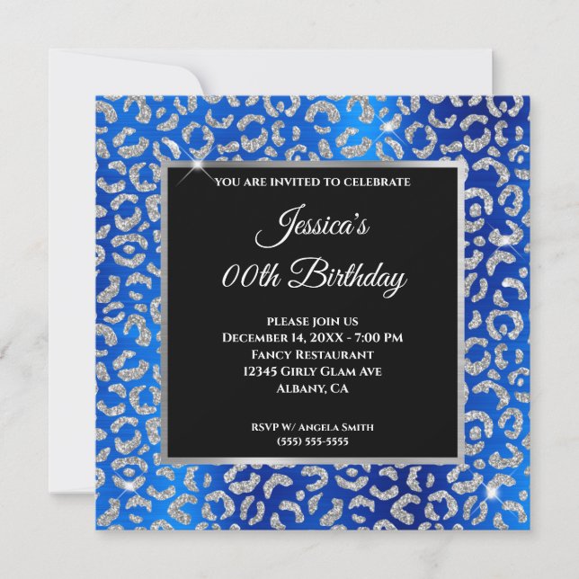Silver Glitter Leopard Royal Blue Foil Birthday Invitation (Front)