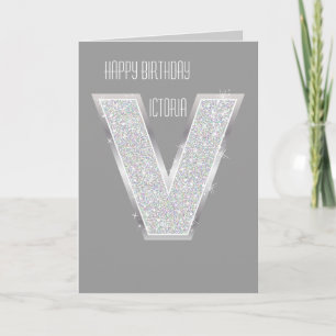 Silver Glitter Letter V Card