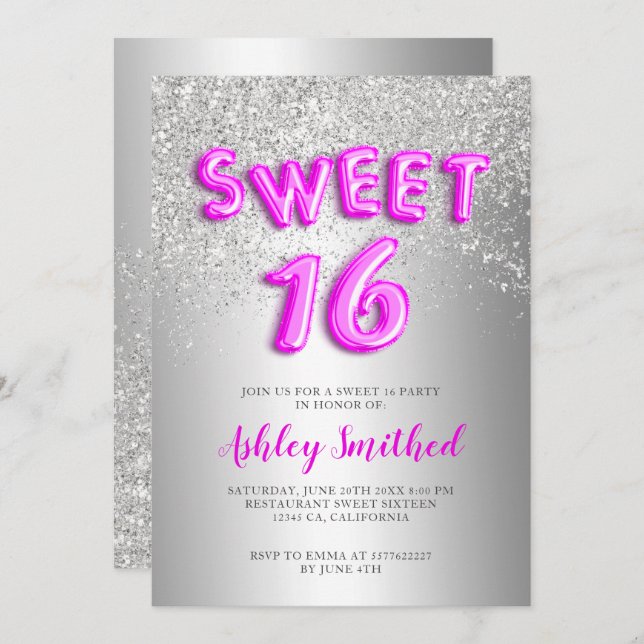 Silver glitter letters metallic pink sweet sixteen invitation (Front/Back)