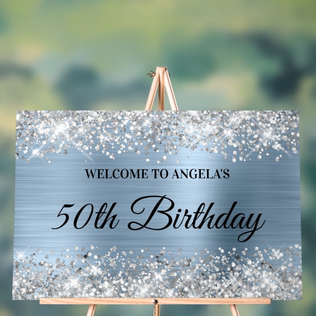 Silver Glitter Light Blue 50th Birthday Welcome Acrylic Sign (Neutral)