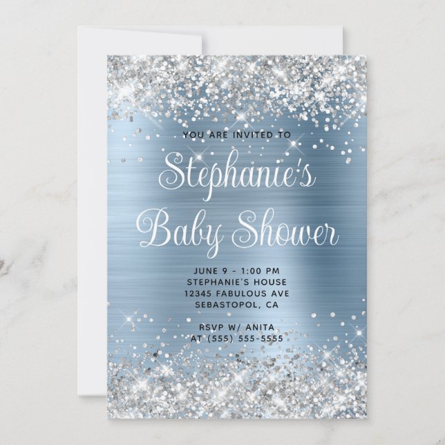 Silver Glitter Light Blue Baby Shower Invitation (Front)