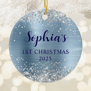 Silver Glitter Light Blue Foil 1st Christmas Photo Ceramic Ornament
