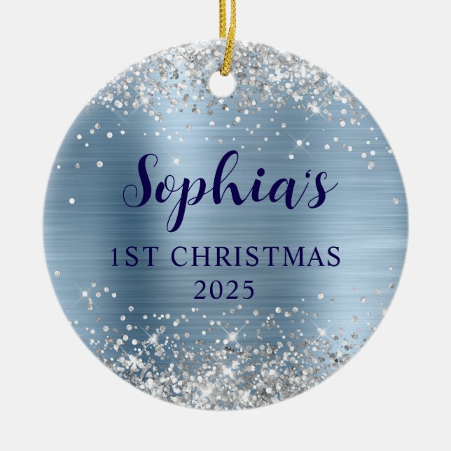 Silver Glitter Light Blue Foil 1st Christmas Photo Ceramic Ornament (Front)