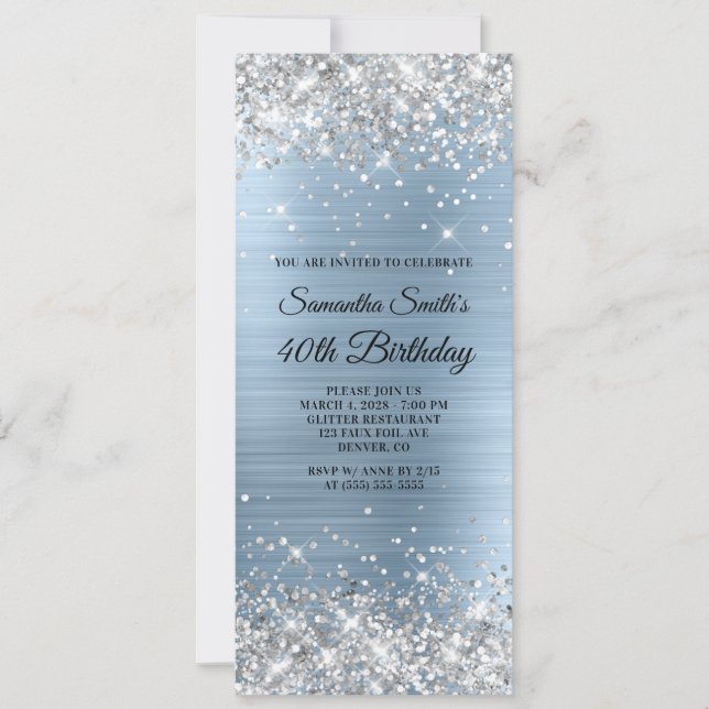 Silver Glitter Light Blue Foil 40th Birthday Invitation (Front)