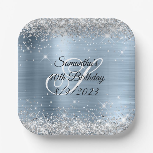 Silver Glitter Light Blue Foil 40th Birthday Paper Plate (Front)