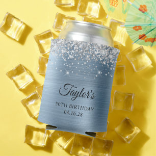 Silver Glitter Light Blue Foil 50th Birthday Can Cooler