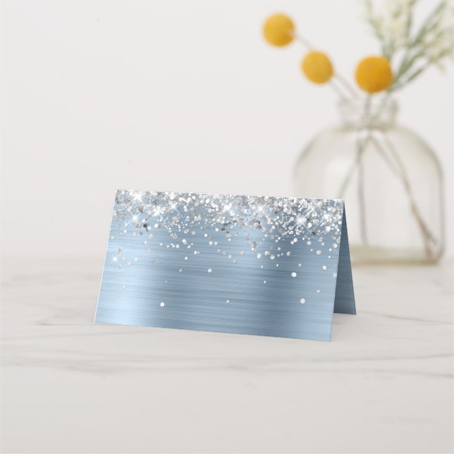 Silver Glitter Light Blue Foil Blank Place Card (Front)